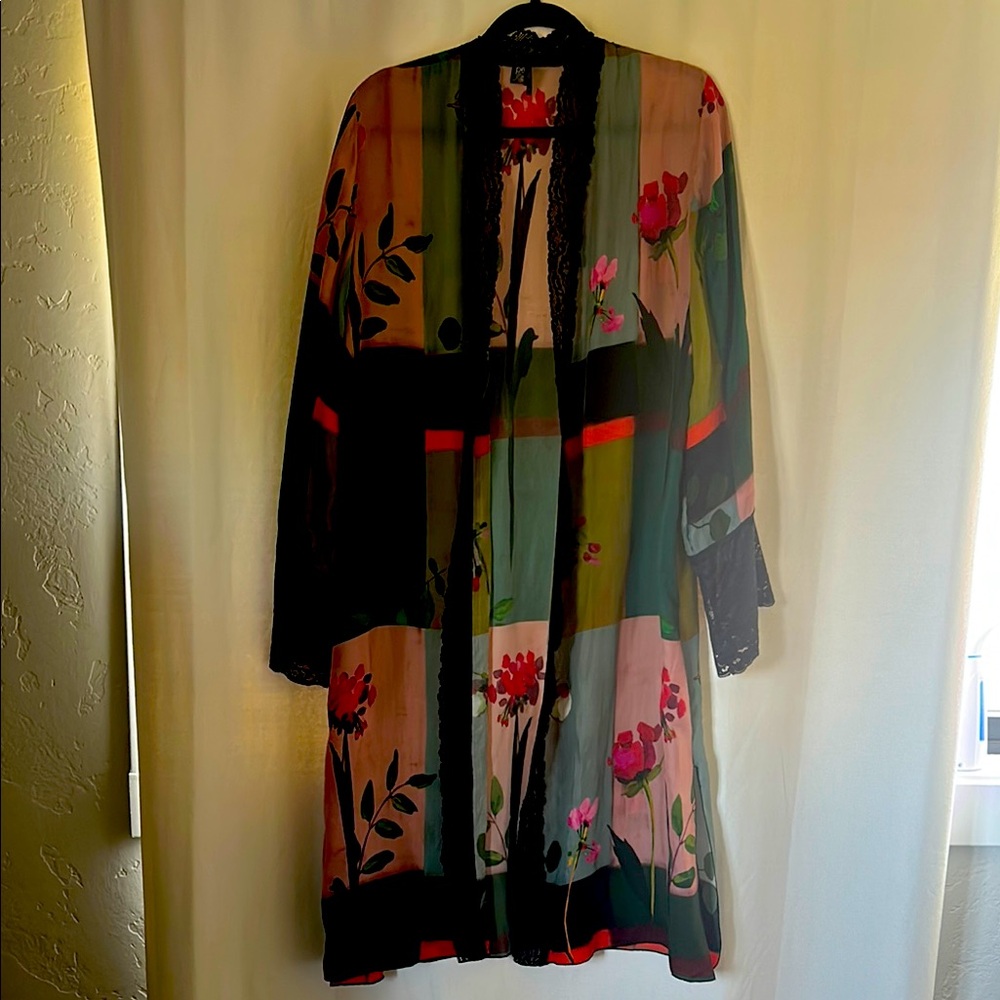 Vintage Floral, Sheer Silky Kimono with Lace Trim by petit poi’s by Viviana G.